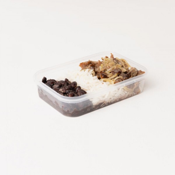 Marmita arroz e feijão com iscas de carne acebolada 500g