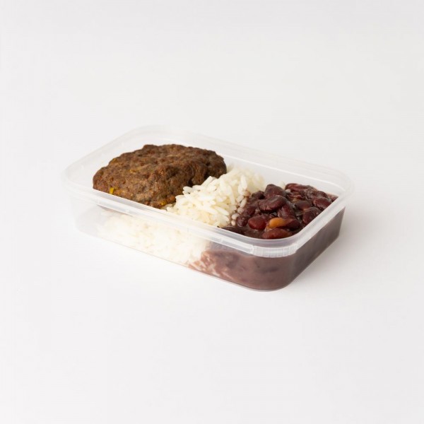 Marmita arroz e feijão vermelho com hamburguer de carne 250g