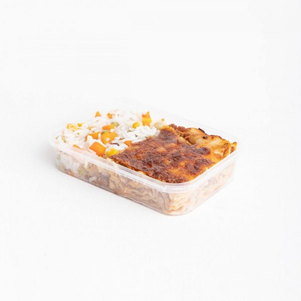 Marmita lasanha de carne e molho branco com arroz 350g