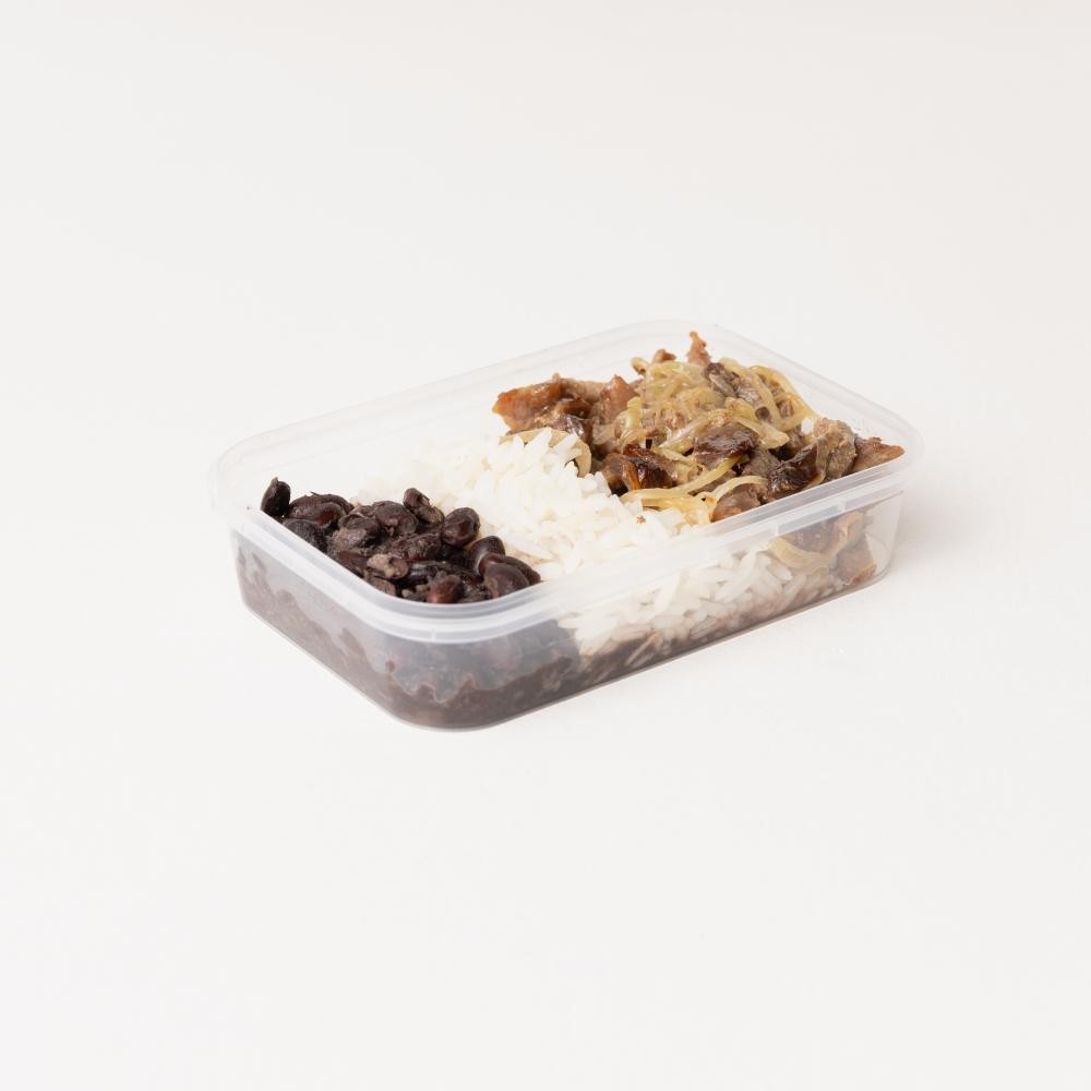 Marmita arroz e feijão com iscas de carne acebolada 500g