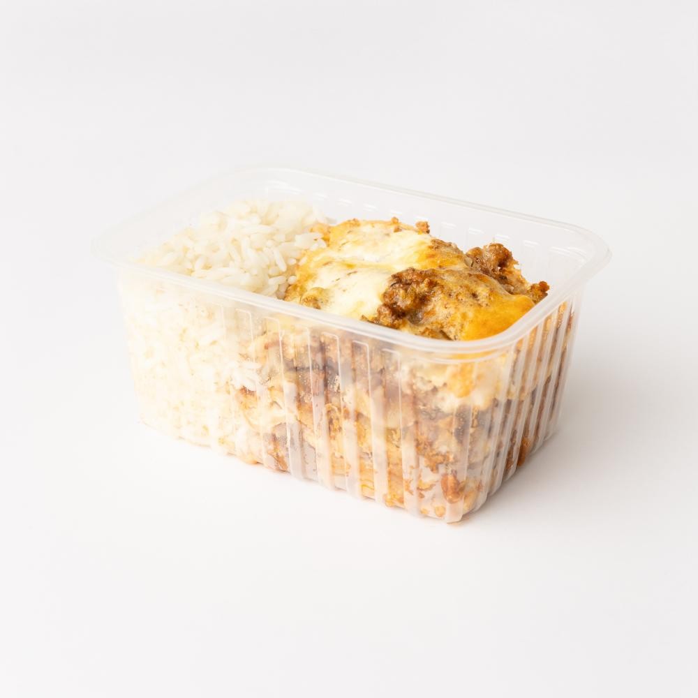 Marmita lasanha de carne e molho branco com arroz 500g