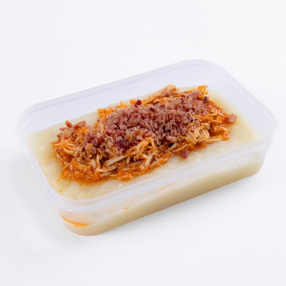 Marmita purê de aipim com frango desfiado e bacon 250g