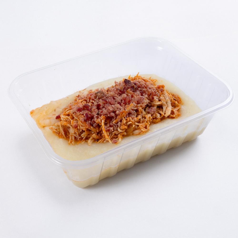 Marmita purê de aipim com frango desfiado e bacon 500g
