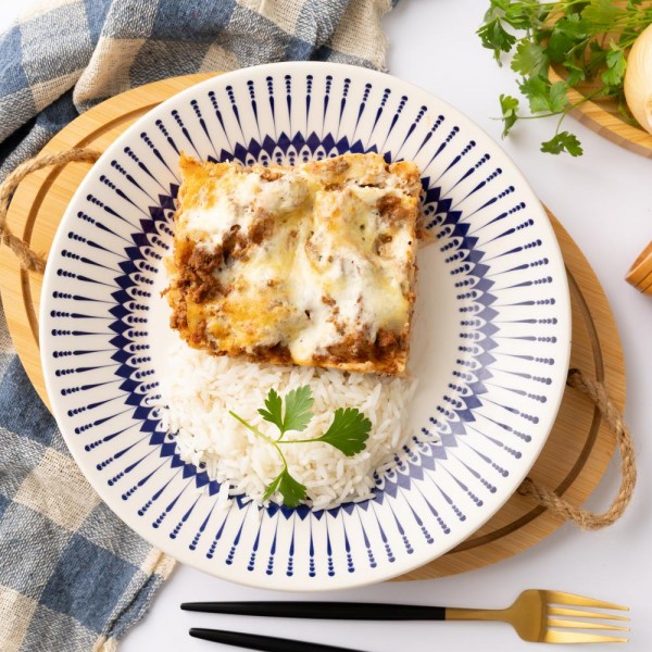Marmita lasanha de carne e molho branco com arroz 250g